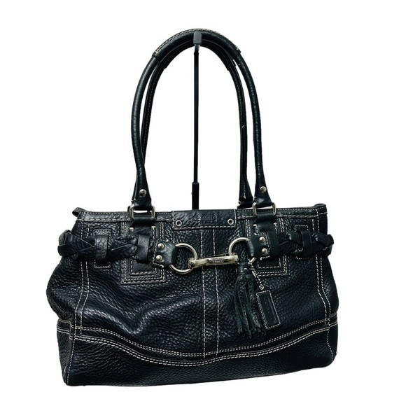 Coach Handbags - COACH Hampton F13084 Braided Trim Tassle Black Pebble Leather Handbag